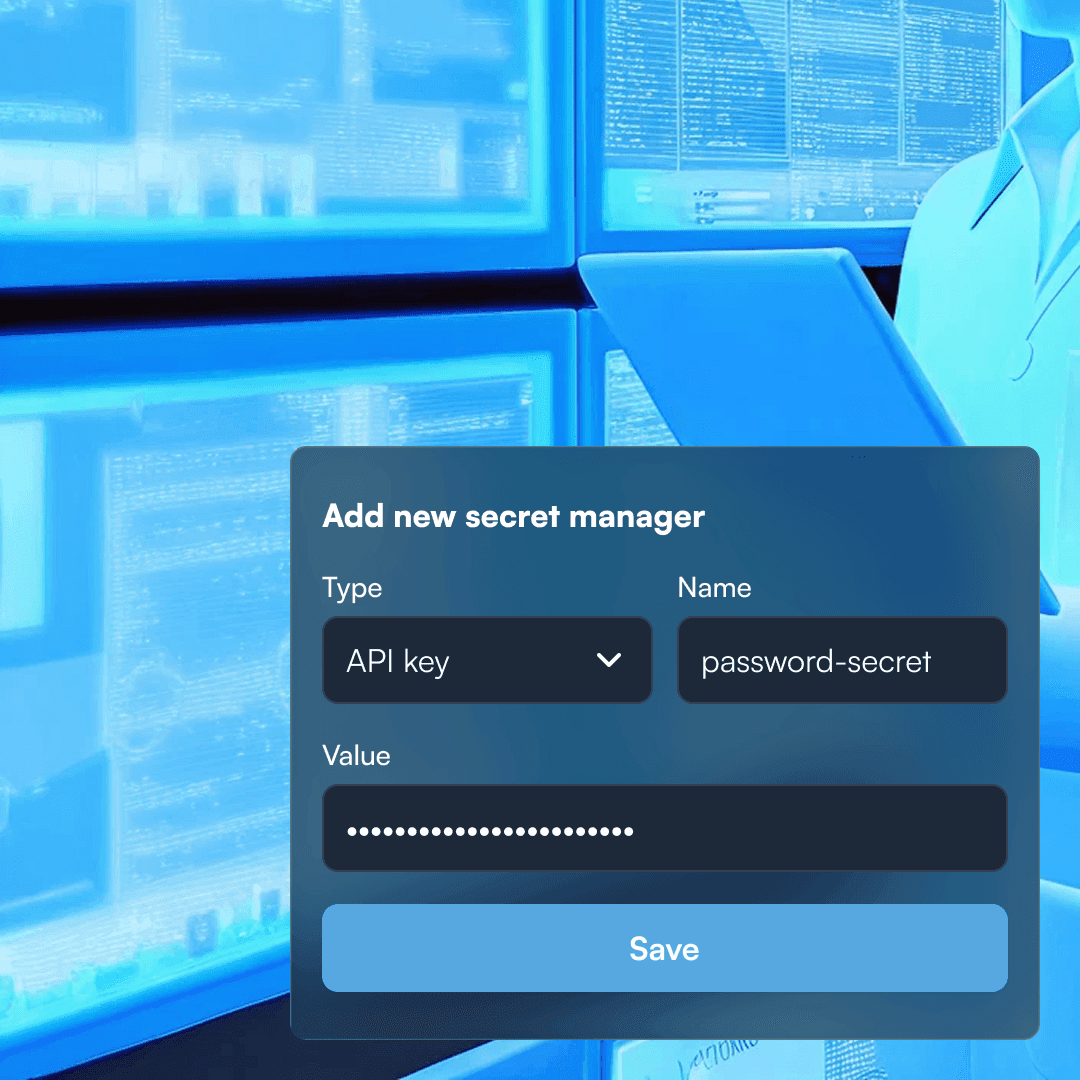 Secret manager form adding a masked API key, in front of a wall of monitors