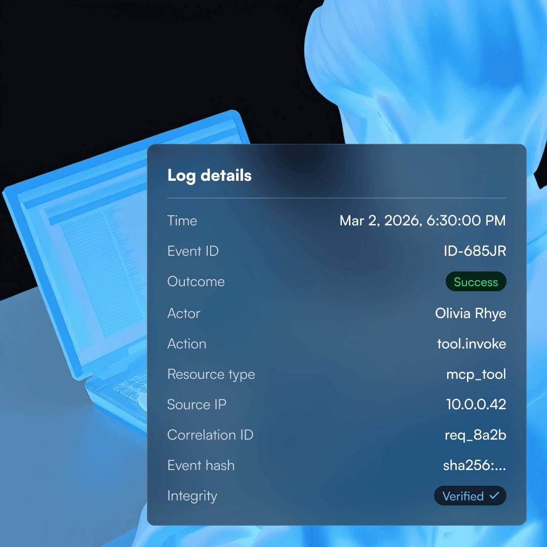 Audit log detail with event ID, actor, action, and a verified integrity badge